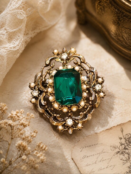 Jewelry - Vintage Emerald Green Statement Brooch | Faux Pearl & Crystal Accent Brooch